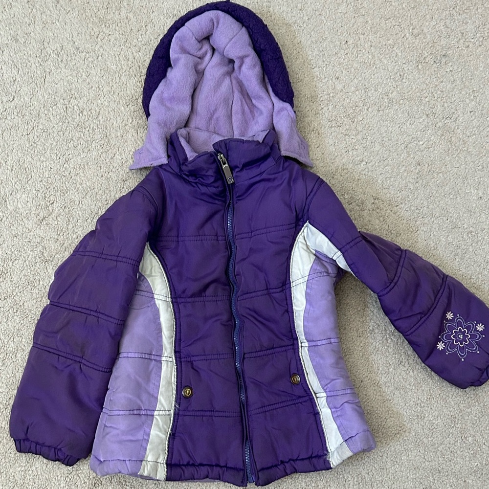Purple Girls Jacket Size 6 with Floral Design and Hood